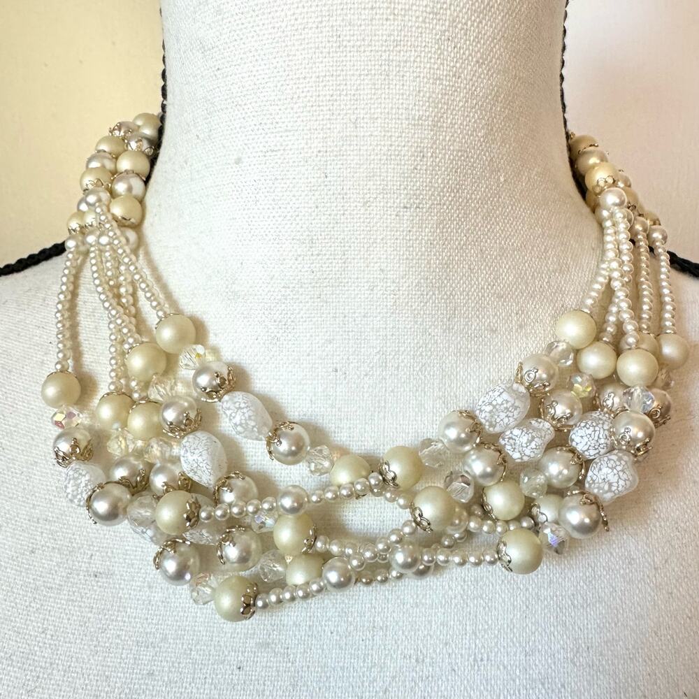 Vintage Japan 5 Strand White Faux Pearl Choker Necklace Wedding Bridal Holiday
